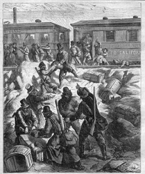 EL ATAQUE DEL TREN DEL LEJANO OESTE - el Ferrocarril del Pacífico - tren atacado por bandidos enmascarados - grabado de 1887