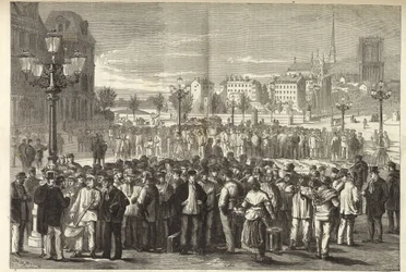 LA FERIA DE LOS ALBAÑILES EN LA PLAZA DEL HOTEL DE VILLE, EN PARÍS. POR EL SR. JULES PELCOQ - Grabado 1869