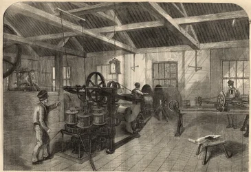 Telegrafía: fabricación del cable transatlántico en la planta de Glass, Elliot and Company en East Greenwich (Inglaterra). Grabado en “The Illustrated London News” del 14 de marzo de 1858.