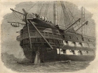 Telegrafía: vista de la popa del barco H.M.S. "Agamemnon" que colocará el primer cable transatlántico. Grabado en "The Illustrated London News" del 5 de junio.