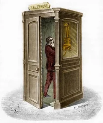 Cabina telefónica en 1888. Grabado en "El Diario de la Juventud"