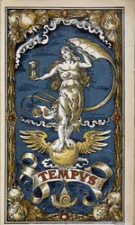 Tempus: alegoría del tiempo (figura femenina con reloj de arena, viento, alas), ilustración para calendario 1889