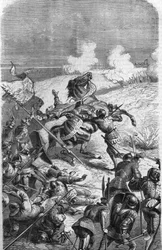 El veterano de 75 años John Talot fue reclutado para liderar una expedición de 3000 hombres, que desembarcó en Guyena el 17 de octubre de 1452. Grabado que representa la muerte de Talbot en batalla. Grabado del siglo XIX.