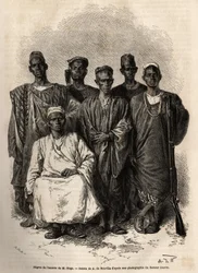 La escolta africana de Mage, teniente del barco, enviado en misión al Níger. Grabado para ilustrar la historia del viaje del teniente Mage en el Sudán Occidental entre 1863 y 1866, publicado en “Le tour du monde, nouveau journal des voyages”, editado por E