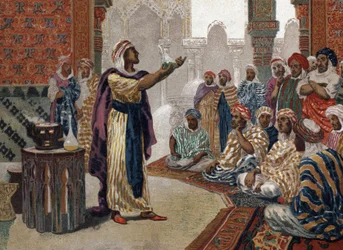 El alquimista árabe Geber (Jâbir ibn Hayyan) (v721-v815), grabado de química. Barcelona 1881