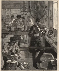 El arte del torno: taller de tornero en madera. Grabado de 1885 en “Les arts et metiers illustres” de Adolphe Bitard.