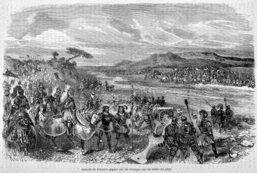 La Batalla de Fornoua (Fornovo) ganada por los franceses sobre los aliados del Papa en 1495 - en "Historia de los Papas, Reyes, Reinas, Emperadores, a través de los siglos" por Maurice Lachatre