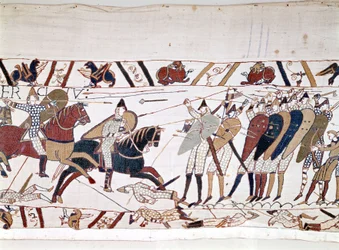 La batalla de Hastings, ganada por Guillermo I el Conquistador (1027-1087) el 14/10/1066 y durante la cual murió el rey Haroldo II de Inglaterra (1022-1066). Tapiz de Bayeux, conocido como Bordado de la Reina Matilde.