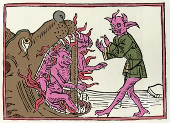 El proceso de Belial: «El demonio Belial regresa a la entrada del inframundo»; grabado de «El proceso de Belial» de Jacobus de Teramo (o Palladino), Augsburgo
