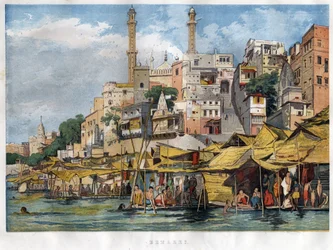 El ghat de Benarés en India (actual Vanarasi) (ghat designa los escalones que cubren las orillas de los ríos y los bordes de los estanques y reservorios que permiten descender en contacto con el agua). Grabado de 1857.