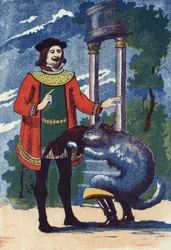 El gato con botas ofrece un conejo al rey. Ilustración para "El gato con botas", cuento de Charles Perrault (1628-1703), escritor francés. Ilustración anónima. Imágenes Marcel Vagne, Jarville Nancy, sin fecha (finales del siglo XIX)