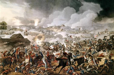 El ejército británico comandado por el Duque de Wellington (1769 - 1852) ganó la Batalla de Waterloo contra las tropas francesas de Napoleón I el 18/06/1815. Grabado de la época