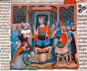El emperador bizantino Justiniano I (482-565) rodeado de juristas y soldados de su corte. Miniatura del Código de Justiniano (Codex Justinianus)