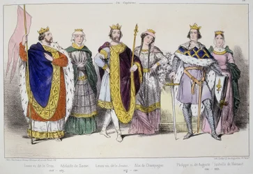 Los Capetos. De izquierda a derecha: Luis VI llamado el Gordo (1081 - 1137), Adelaida o Alix de Saboya (? -1154), Luis VII llamado el Joven (1120 - 1180), Alix de Champaña (1140-1206), Felipe II llamado Augusto (1165-1223) e Isabel de Henao (1170-1190).