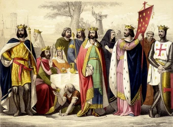Los Capetos de 987 a 1137. Hugues Capet, Robert 1er Constance, Philippe 1er, Louis VI y Louis VII. Grabado del siglo XIX.