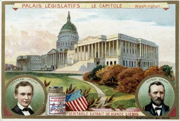 El Capitolio, Palacio del Congreso Americano, Washington (EE.UU.), con retratos de Abraham Lincoln (1809-1865) y Ulysses Grant (1822-1885) - cromolitografía de Liebig