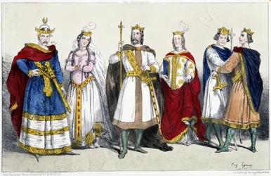 Los carolingios: Carlos II llamado el Calvo (823-877) y Richilde de Ardennes o Provenza (845-910), Luis II llamado el Tartamudo (846-879) y Ansgarde de Borgoña (826-880 o 882), Luis III (863-882) y Carlomán II (867-884) - Placa extraída de Reyes