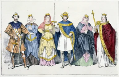 Los carolingios: Luis IV de Ultramar, Gerberge de Sajonia, Emme de Italia, Lotario, Luis V - en “Reyes y Reinas de Francia en estampas”, París, ed. Swift