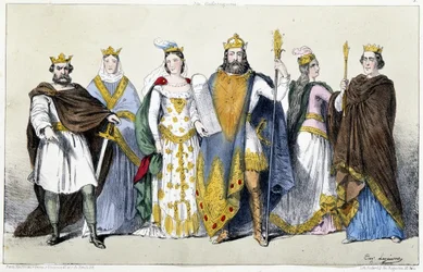 Los carolingios: Pipino el Breve (715-768) y Bertrada de Laon (Berta de los grandes pies) (720-783), Carlos I llamado Carlomagno (742-814) e Hildegarda de Vintzgau (758-783), Luis I llamado el Piadoso o el Benigno (778-840) y Ermengarda de Hesbaye