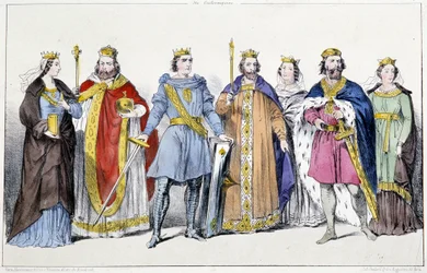 Los Carolingios: Richarde (845-después de 887) y Carlos III El Gordo (839-888), Arnulfo de Carintia (ca. 850-899), Luis IV de Ultramar (920-954) y Gerberga de Germania (913-984), Lotario IV (941-986) y Emma de Italia (948-1006) - Lámina de Reyes y Fr