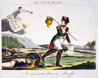 El César de 1815 - Vine, vi... huí. Caricatura sobre Napoleón I huyendo del campo de batalla donde yacen dispersos los soldados franceses muertos. Grabado 1815 - Napoleón Bonaparte (15 de agosto de 1769 - 5 de mayo de 1821) fue un líder militar y político