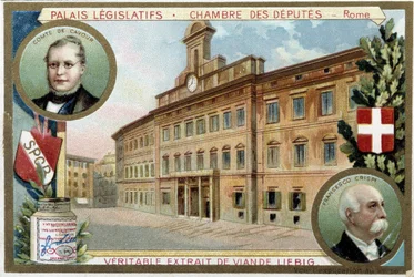 La Cámara de Diputados en Roma (Italia), con retratos del Conde Camillo Benso de Cavour (1810-1861) y Francesco Crispi (1819-1901) - Cromolitografía de Liebig