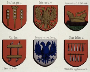 Los escudos de armas de Gante (Muestra de los escudos de armas de la Edad Media): Panaderos, Tintoreros, Constructores de barcos, Cordeleros, Tintoreros azules, Candelabros