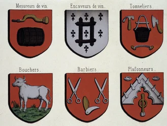 Los escudos de armas de Gante (Ejemplo de escudos de armas de la Edad Media): Medidores de vino, Cavadores de vino, Toneleros, Carniceros, Barberos, Techadores