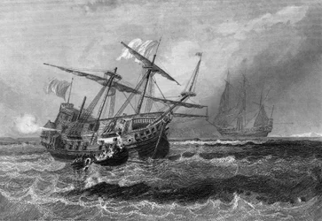 El Corbin perdido en el arrecife en las Islas Maldivas el 1 de julio de 1602. En “Historia General de la Marina” por Van Tenac