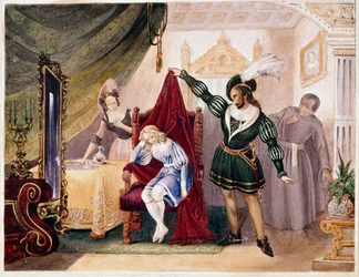 El conde se insinúa a Suzanne mientras Cherubin está escondido en la silla, de Las bodas de Fígaro de Mozart (grabado)