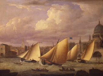 La flota de Cumberland compitiendo sobre el Puente de Londres, 1782