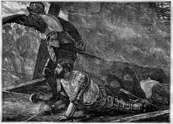 La Muerte de Juan de la Cosa - Muerte de Juan de la Cosa (1460-1510) cartógrafo, conquistador y explorador español en Cartagena, Colombia - grabado de 1887