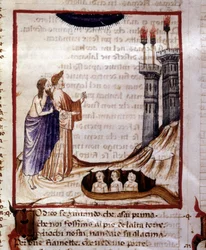 La Divina Comedia de Dante Alighieri. Infierno. Miniatura que representa la ciudad de Dite. Manuscrito del siglo XIV
