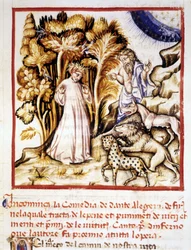 La Divina Comedia de Dante Alighieri. Miniatura que representa a Dante, Virgilio y las tres bestias. Manuscrito del siglo XIV. Biblioteca Municipal de Rímini.
