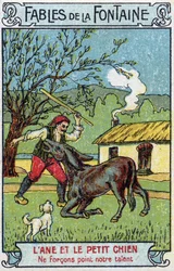 El Burro y el Perro Pequeño - Fábulas de Jean de La Fontaine (1621-95) Cromolitografía de finales del siglo XIX Colección privada
