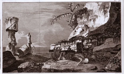 La Isla de Pascua (Rapa Nui) en Polinesia según los “Viaggi del Capitano Cook”, grabado del siglo XIX.