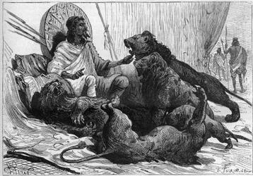 El Emperador (ras) Teodoro de Abisinia rodeado de sus leones. En "Nature" de 1888.