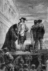 La ejecución del rey Carlos I - Ejecución del rey Carlos I Estuardo de Inglaterra (1600-1649) en Whitehall - El rey entrega su collar al obispo diciendo «Recuérdame» - grabado en «La historia de Inglaterra desde los tiempos más remotos», por