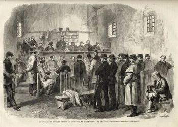 La insurrección feniana, investigación sobre el Sr. Cleary en el juzgado de Kilmallock - 1867 - Un juicio de fenianos ante el Tribunal de Kilmallock en Irlanda - 1867 - grabado de “El Universo Ilustre” de 1867