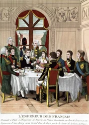 El Emperador francés Napoleón I en Tilssit recibiendo al Emperador de Rusia, Príncipe Constantino, el Rey de Prusia, su esposa, el Príncipe Enrique y el Gran Duque de Bert, brindando por la salud de la Reina de Prusia.