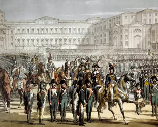 El General francés y Rey de Nápoles Gioacchino (Joachim) Murat (1767-1815) revisa la milicia Cisalpina frente a la Villa Reale de Monza el 07/08/1801