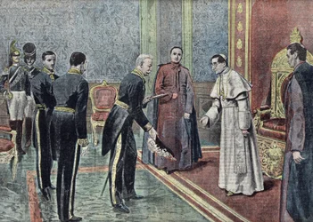 El embajador francés Jonnart presenta sus credenciales al papa Benedicto XV (1914-1922) Ilustración de "Le pelerin" de junio de 1921