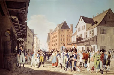 Las tropas francesas del 24º Regimiento de Infantería dejan Frankfurt con el General Augereau. Grabado de 1808. Frankfurt, museo histórico