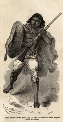 El Juego, o valiente tiene tres cabellos, soldado abisinio con fusil. Grabado para ilustrar el viaje a Abisinia, en 1862 por Guillaume Lejean, en "Le tour du monde, nouveau journal des voyages" publicado bajo la dirección de Edouard Charton
