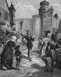 El caballero alemán, poeta y humanista Ulrich von Hutten (1488-1523) declamando uno de sus poemas en la calle. Grabado del siglo XIX. En “Histoire de France” de Jules Michelet