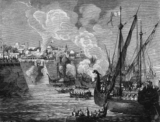 El fuego griego utilizado por los sitiadores y los sitiados en el sitio de Constantinopla por Mahoma II en 1453. En “Álbum de la Ciencia”, Éditions Jouvet.