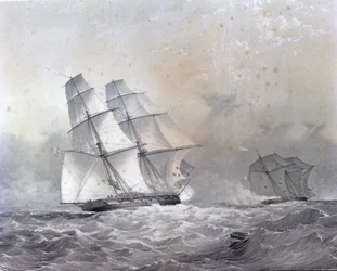 El bergantín HMS Acorn de 16 cañones persiguiendo al Negrier Gabriel