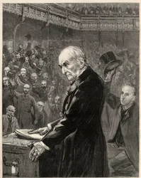 La Cámara de los Comunes, 13 de febrero de 1893: discurso de William Ewart Gladstone (grabado)