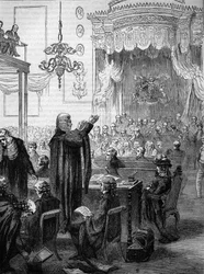 La Cámara de los Lores durante el juicio de la reina Carolina en 1820 - Discurso de defensa de MR Brougham - Carolina de Brunswick-Wolgenbuttel (Brunswick Wolgenbuttel) (1768-1821), consorte de Jorge IV de Gran Bretaña e Irlanda