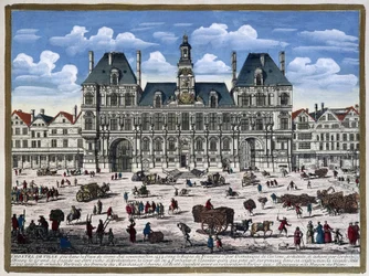 El Hôtel de Ville de París y su plaza en el siglo XVI - grabado